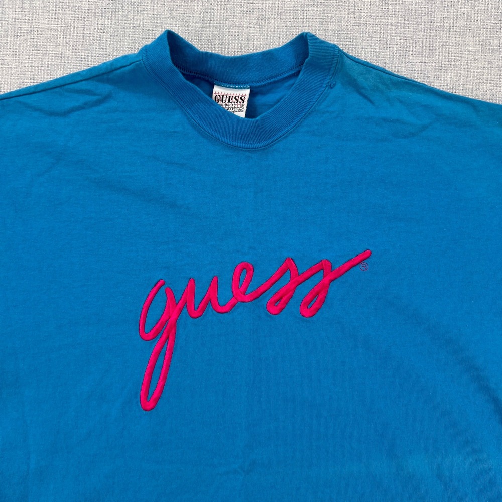 VTG 90s Guess Georges Marciano USA Script Logo Tee Men L/XL‎ Blue Single Stitch - Picture 3 of 9